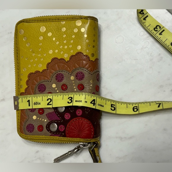 New Vintage Fossil Leather Wristlet Wallet Chartreuse Green Pink & Brown Design - Picture 8 of 11